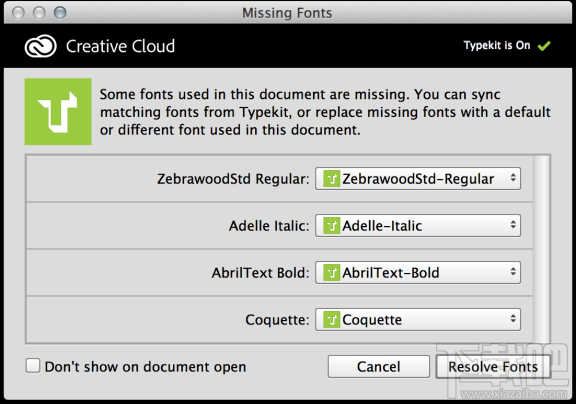 Photoshop CC 2014:用Typekit中的字体替换缺失的字体